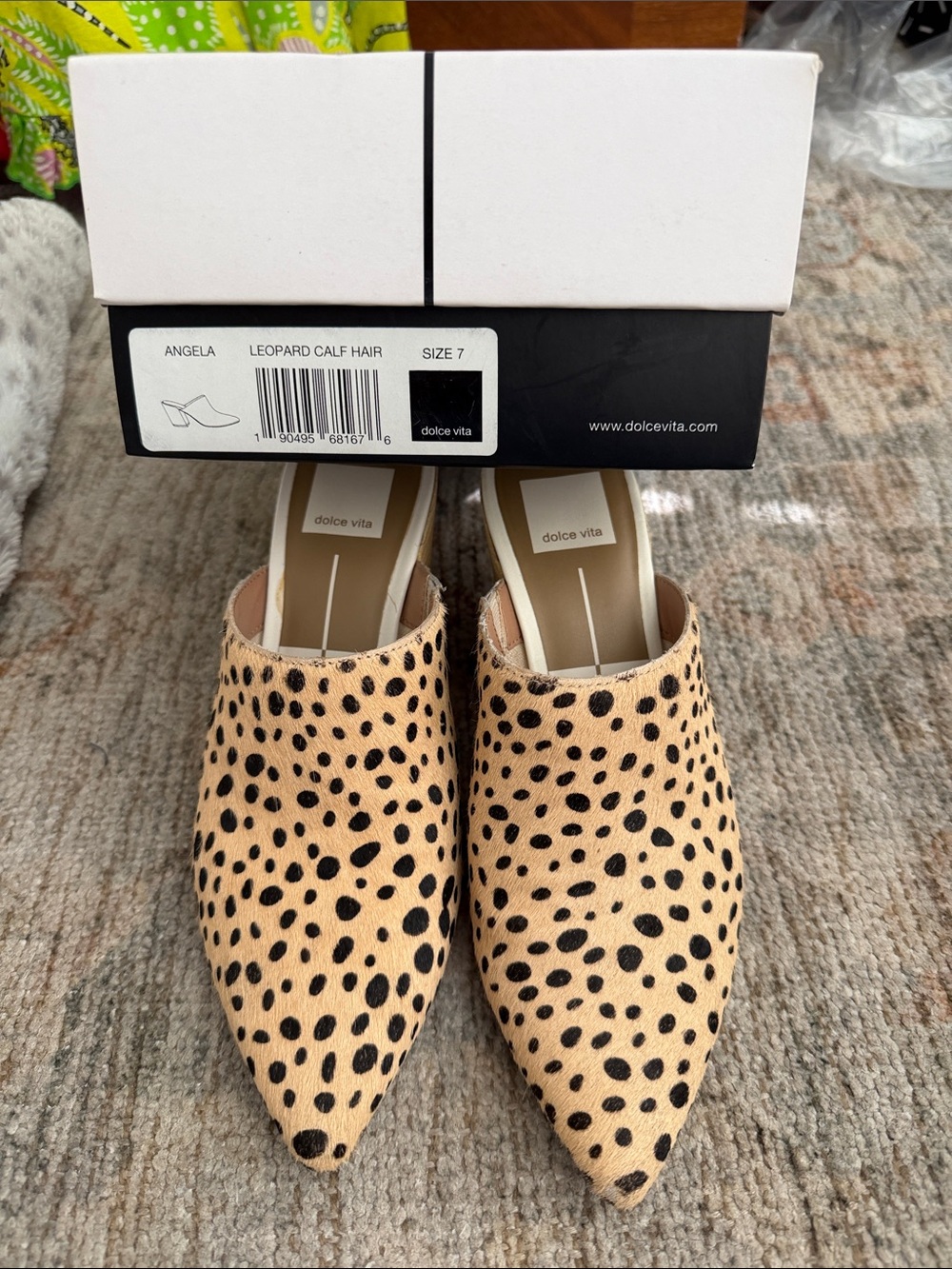 Dolce Vita Angela Leopard Calf Hair Mules in Tan and Black